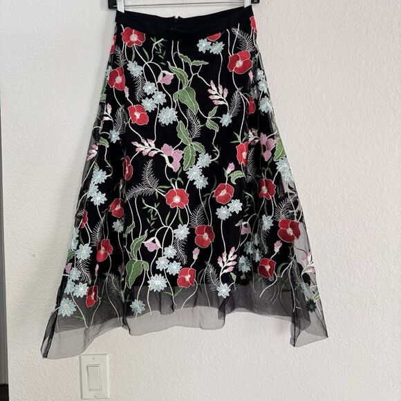 Anthropologie Skirt Sz 4 Eva Franco Poppy Midi Embroidered Asimetric Boho Floral - Picture 14 of 16